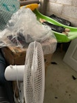 chair, waste bags, fans etc 2 pedestal fans, some cartons, play slide, one chair sofa, some waste bags RG2 - removed for £80