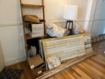 Mixed rubble and recyclables Mixed rubbish including a bit of DIY/builder waste like old beading and marble panels, but not much. One lamp in good condition. One wooden ladder shelf unit in good condition. 4 small bags of plastic waste (plastic sheets from furniture delivery). W4 - removed for £95