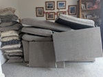 4 seater modular corner sofa 4 seater Oak Furnitureland modular corner sofa in 4 parts with large seat cushions and scatter cushion back. 8 years old. For disposal or refurb/repair.

As stacked in the pictures the sofa and seat cushions measure 200cm x 140cm x 130cm.

Chaise longue, corner seat and end seat are undamaged but in need of cleaning; middle seat is broken. Scatter cushions in need of cleaning and repair. Comes from a house with a dog & a cat. LU7 - removed for £145