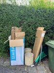 2 Boxes & 2 Stools 1 box with cardboard only
2 small stools
1 box with broken mirror N7 - removed for £66