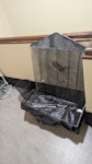 Vacuum, cage, metal frame, bin Dismantled bird cage - plastic base and metal bars. 
Metal bin - broken as lid not attached. 
Metal frame of laundry bin. 
Vacuum - small vacuum, not broken but doesn't work well. E18 - removed for £50