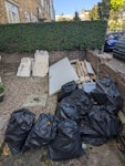 Timber, plasterboard, rubble Pile of old timber from internal wall removal - some could definitely be reused (be careful of nails and glass embedded). 1 fire door. Pile of old plasterboard. plastic box of glass. 12 small rubble bags from the same internal wall removal. N16 - removed for £125