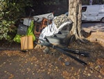 Recyclable bits and furniture A bean bag, a lamp (working), metal conduit, a chair, two foot stools, a small table, a recycling bin, a bag of recyclable bits. N6 - removed for £125