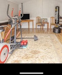 Household furniture 3 seater leather sofa (has large rip on seat)
Corner cabinet
Large fridge/freezer (has dent on fridge)
Single bed with base and headboard 
Oak dressing table
Large double wardrobe with mirrors (will dismantle)  
Extending dining table and 6 chairs (has burn mark on table)
Pine Toy Chest
Cross trainer 
Boxing Bag with base
Small wooden book unit
Small white display unit
Large rug
Small damaged computer chair DA16 - removed for £320