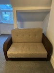 Sofa bed Sofa bed weighting approximately 100kg. A bit frayed, and some damage to the internal mechanism that makes a corner sink a bit when opened. Might need to get disassembled into two parts, which is how it got upstairs. W4 - removed for £120