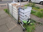 Household Chest of drawers, shoe rack, electric fan, kids trike,roll of lino, dismantled bed frame. SE28 - removed for £75