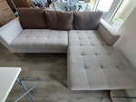 Sofa in decent condition Sofa is in decent condition, with no major issues. The fabric is a bit blemished in one of the corners

It is L-shaped and can be dismantled into two pieces. 
1 piece has Length of 125cm and Width of 85cm.
Piece 2 has L of 155cm and W of 88cm

Both pieces can fit in the lift. NW9 - removed for £100