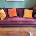 3 seater sofa Purple velvet three seater sofa. Some signs of wear and tear but clean and reusable. Dimensions: length 207 cm, depth 93cm. N8 - removed for £100