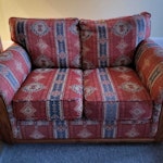 A pair of two-seater sofas A pair of two-seater sofas. Fire-rated labels. Some stains. Some tears. Belonged to previous tenant. Need clear to make space.
space. PO4 - removed for £125