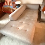 Sofa/Chaise 220cm on 1st Floor Roche Bobois Sofa Meridienne chaise right 103 x 220cm, back height from floor 85cm seat height 61cm. Covered in grey fabric (removable) with small grey shiny metal pointed feet.
There is a stain on the fabric at the open end
The base cushion is removable
It is possible to get it recovered or reupholstered N6 - removed for £120