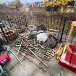 Old trellis + palette A pile of broken up old garden fencing/trellis and a delivery palette with an attached wooden frame (this could be reused) SE4 - removed for £85