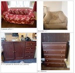 Wooden furniture & mattresses Double bed frames (wood) x 2
Double Mattress (140x190) x 3 
Single bed frame (wood) x 1
Single mattress x 1
Sofa (2 seat) x 1
Armchair x 1
Desk (wood) x 1
2 part Cupboard/drawers (wood) x 1
Drawers (wood) x 1
Single cupboard/bedside (wood) x 1 M41 - removed for £300