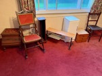 Some furniture and white goods 4 dining chairs, fridge, freezer, microwave, washing machine, 2 bed frames, 2 small cabinets, wood cupboard, armchair, 2 mobile radiators, bed linen storage chest. LS24 - removed for £275