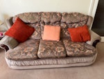 3 piece suite Three seater sofa and two armchairs. Good, usable condition.  No rips, tears or stains.  Some of the hardwood accents on the arms showing signs of wear.  Fire labels intact.  See photos.

- 3 seat sofa approx. 195cm x 100cm x 95cm (LxDxH)
- Two armchairs each approx. 100cm x 100cm x 100cm (LxDxH)
- Fire labels intact

Located in ground floor living room.  Can help lift.  Should fit into a transit. KT5 - removed for £125