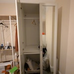 Sofa, bar table and wardrobes 3 seater sofa bed from IKEA is 225 cm x 105cm x 83cm
Both wardrobes and the bar table will be disassembled. White IKEA Pax wardrobe is a 236cm height one so even disassembled you will need enough room to fit 236cm.
The sofa is usable but a bit worn with a broken spring. Everything else is in good condition for reuse SE13 - removed for £150