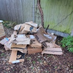 Cardboard boxes Cardboard boxes and some bits of plastic. Cant be reused because it's been left out in the rain for a while, but they are easier to compact now. HP19 - removed for £82