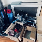 Gym equip,clothing,miscellaneo parallel bar, adjustable dumbell, clothing in a mixture of conditions, miscellaneous things like keyboard and wellington, car jump cable, plastic plant pot, weight scale, kitchen appliances, Phillips air purifier, ninja creami ice-cream maker, books, SW7 - removed for £271