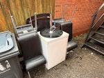 freezer, chairs, bill bags A small chest freezer, two broken baby gates, two glass panels (only) to a glass table, 4 chairs, a table stool in two pieces and 5 black bags. B73 - removed for £130