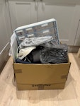Box of household items Plastic box, knives set, tumblers, mugs, miscellaneous kitchen equipment SW11 - removed for £32