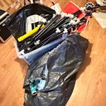 Bag with pods,toys,braii stand Carpet,large box of mixed household waste(small two electric heaters,toys,pods and plates,)plastic bag with clothes,small bbg stand,small Christmas tree TA2 - removed for £97