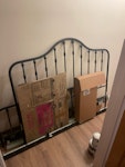 2 boxes and bed double bedframe and slats. box of various items including coffee machine, electronics and plastic and glass items. SW16 - removed for £65