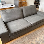 3 seater sofa, 2 armchairs Good condition used three seater grey sofa, a few marks from wear but still very useable. Will probably need dismantling to get out of flat. Two cream armchairs in poor condition. One missing a foot. May be able to be reused with reupholstery and repair. SE15 - removed for £97