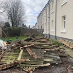 Garden Clearance timber decking, astroturf, fencing and old planters and old material part base of trampoline (no metal or plastic) PA3 - removed for £420