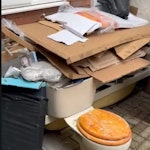 bath rip out with toilepallet photo plus pallet and bath rip out with about 9 black bags in with bathroom rip out waste and toilet also tile off cuts , toilet wood as seen in photo CO6 - removed for £293