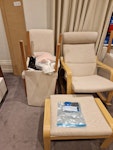 Furniture, clothes and others 4 dining table chairs, 1 rocking chair, 1 footstool, clothes, 1 particleboard, small electronic items W8 - removed for £78