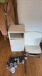 tables, cabinets, folding sofa book case, bedside table, chair, small side cabinet, large solid wood unit, cabinet, blue folding sofa bed, coat/shoe rack N5 - removed for £195