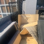 sofa, kitchen cupboards, card We have one 3 seater sofa bed in pieces, a fair bit of cardboard, a chest of drawers and kitchen cupboards and work surfaces from one side of a galley kitchen, also in pieces. SM5 - removed for £214