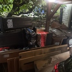 wood, bins, garden, junk dismantled wardrobe, cardboard, sacks of household junk, old strimmer, 4 wheelie bins (2 empty, 1 full garden waste, one half full garden waste) TN3 - removed for £214