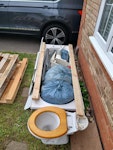 Bathroom Waste General bathroom waste, including bath, sink, toilet pan & 2 cisterns. Timber pallet and timber offcuts, tile offcuts. Used microwave and boxed christmas tree. DA11 - removed for £164