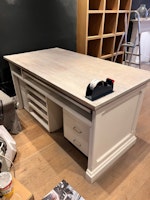 heavy wooden desk in 4 section collected by all star waste clearances