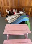 Old garden furniture, toys Bag of old plaster, kids bike and slide, small kids bench, plant pot, broken electric mop, old garden furniture and old tools TN11 - removed for £95