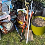 household bits and garden black bags contain some household items and the bucket and plastic bags contain stones from garden. also old garden tools RH17 - removed for £117