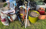household bits and garden black bags contain some household items and the bucket and plastic bags contain stones from garden. also old garden tools RH17 - removed for £117