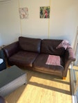 sofa set, tv stand. leather sofa, armchair and footstool. tv stand. W5 - removed for £156