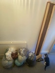 Bed rails, fabric & wood&metal 2 wooden bed rails, one cracked with screws exposed.
5 bags of mixed fabrics - clothes, wool & linens.
1 broken down cat bed mount - metal & wood. SE25 - removed for £64