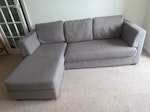 L-shaped sofa L-shaped sofa, removable L-shape stool and cushion, not attached. Approx ten years old. 88x34x27 inches. L-shaped stool 27x27x10.5. Ground floor property with parking space in car park at front of building. 29th preferable collection date, could do late afternoon 28th. TW1 - removed for £91