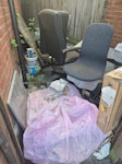 Chairs, garden items & tiles wooden cat tree, kids basketball hoop with stand , small goal frame, 2 kids scooters, old caddy bin, metal sunbed, 3 desk chairs, abit of rubble and plastic & wooden boards, old garage door, metal book stand, some tiles and old recycling bags. HA0 - removed for £130