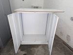 05 steel cupboards Cupboards: 
3 X small 
127h X 38w X 38d
1 X wide with table
122h X 120w X 50d
1 X large 
198h X 100w X 43d W8 - removed for £130
