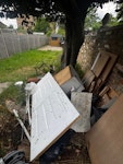 MDF offcuts door and chairs MDF sheet offcuts, fire door, 2 wooden garden chairs and old chest of draws TW18 - removed for £95