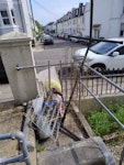 Hammock base, card racks etc Rusty hammock base (2.5m), rusty card racks, watering cans, rotten wood, shelves, tiles on board, parasol BN1 - removed for £35