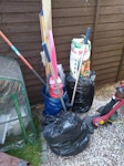 Old electricals and bits Microwave (in black bag), upright vacuum (in blue refuse bag) 2 electric grass edgers, household steamer(,tied together as one bundle). None working.

Broom/brush handles in the blue refuse bag. A manual sprayer. Black bag, holding wooden grass edging. 2 garden shears(long and short handle) TW7 - removed for £88