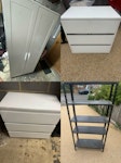 Furniture, paving slab, rubble 1x double wardrobe (reusable)
1x medium chest of drawers
1x small chest of drawers (reusable)
1x black metal shelving unit 
1x orange velvet made.com office chair (reusable) 

1x plank of wood (see photo)

Around 30 paving slabs square
Around 10 paving slabs broken
Around 10 bricks (yellow/stone)
3x bags of rubble (pebbles, broken bricks etc) SE9 - removed for £195