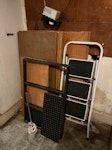 Ply wood, steel, step ladder There are 8 small bits of ply, 2 are 1.2m x .9m, 6 are 1.2m x .6M, 2 are .9m x .45m. There are two mild steel frames, .6m x .9m which could be scrapped. There's also a broken step-ladder and two small bits of punched 12mm MDF. There's a concrete/plaster whisk which is reusable. E5 - removed for £65