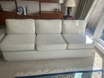 2 x 3 seater sofas/80cm table Two large upholstered 3 seater sofas and 80cm square upholstered table. As made in the 1980s no fire cert so can’t be sold or gifted unfortunately. SE26 - removed for £156
