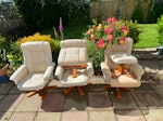 3 high back swivel chairs 3 swivel chairs and 2 footstools. DL14 - removed for £83