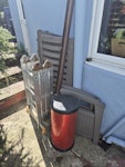 Garden bench/bin/large ladder Large folding multi position aluminium ladder, usable, but a bit rusty, Red kitchen press top bin, reusable, clean. Broken down Keter garden storage bench, and some brown mini drainpipe and guttering. All can be left at front of property for collection anytime. BN2 - removed for £77